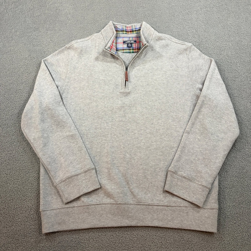 Lands End Pullover Mens XL Gray Quarter Zip Plaid Collar Cotton Sweatshirt